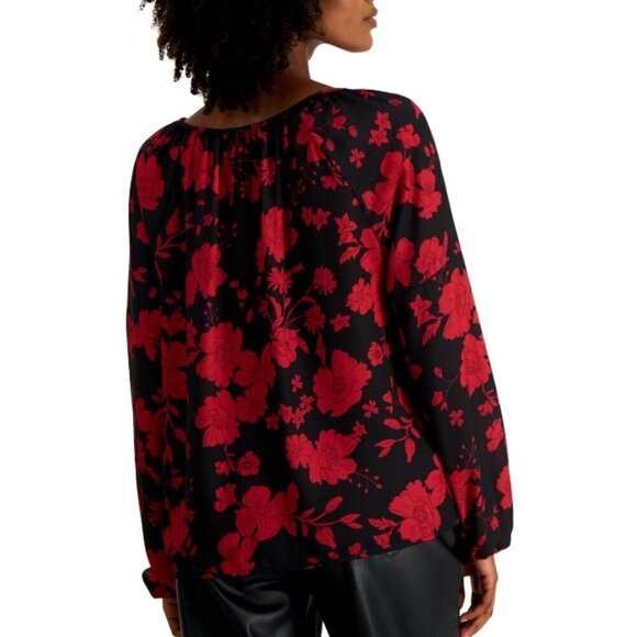 Tinsel Petite XS Black & Red Floral Front-Keyhole Blouson-Sleeve Blouse/Top NWT - Picture 2 of 7